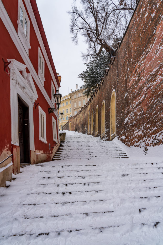 Prague Castle Steps covered with snow